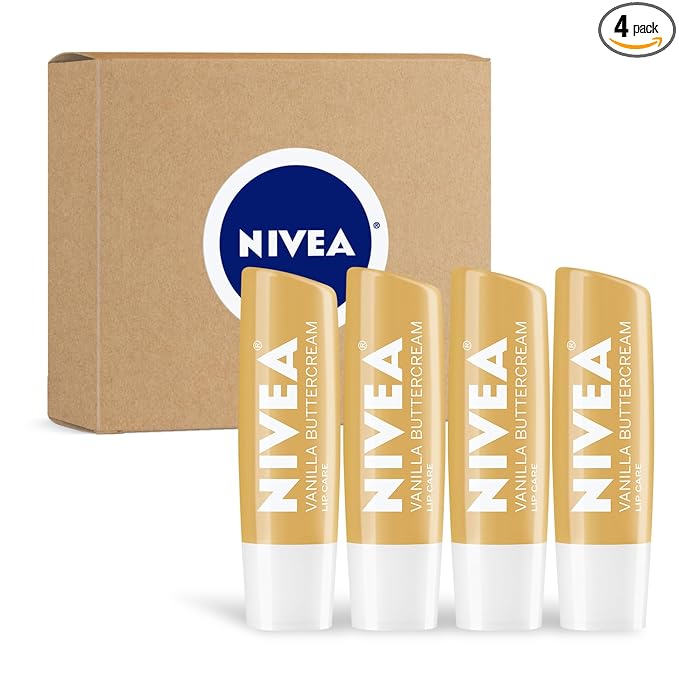 NIVEA Vanilla Buttercream Lip Care, Moisturizing Lip Balm with Shea Butter, Nourishing Oils and Vitamin C & E, 3-in-1 Moisture, Repair and Nourish, 0.17 Oz Stick, Pack of 4