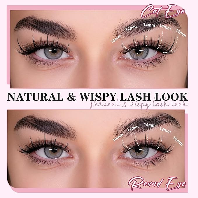 Natural Lash Clusters Kit with Spikes 10-18mm Mix D Curl DIY Extension Eye Natural Lashes False Wispy EyeLash Cluster with Bond & Seal, Glue Remover, Tweezers (U27 Lash Kit)