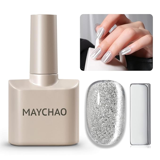 MAYCHAO 15ML Silver Glitter Cat Eye Gel Nail Polish 1Pc Glitter Cat Eye Gel Polish with Magnet Soak off Holographic Magnetic Nail Polish for Nail Art Manicure Salon DIY at Home, 0.5 OZ