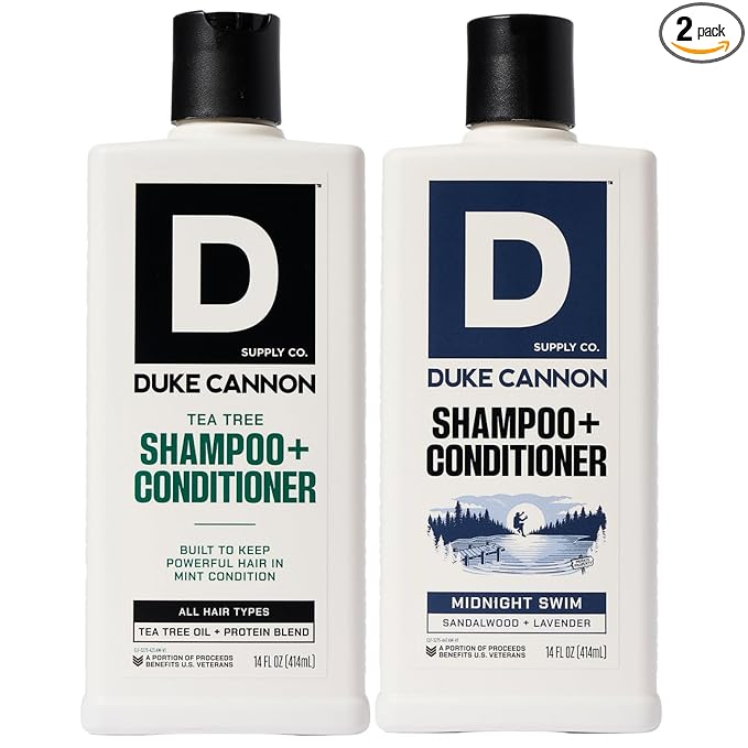 Duke Cannon Supply Co. 2-in-1 Hair Wash - Masculine Scent - Gentle Cleansing Hair Wash For Men - Stimulating Hair Shampoo & Conditioner - Strengthens Hair - Tea Tree & Midnight Swim - 2 Pack (14 oz)