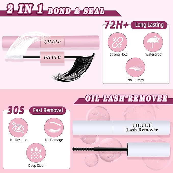 Uilulu Lash Clusters Kit for DIY Lash Extension at Home, False Eyelashes Set with Bond and Seal, Lash Remover, Tweezers, D Curl Wispy Individual Clusters Eye Lash Extensions Kit (U22 Kit)