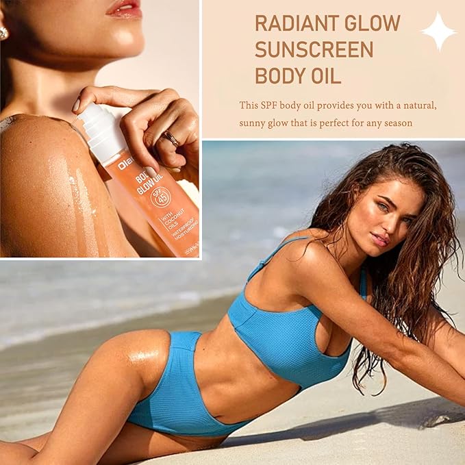 Body Glow Oil, SPF45 Sunscreen Body Oil Shimmer Moisturizing with Coconut Oil Nourishing Glowing Skin, Body Shimmering Oils for Face & Body, Lightweight, Non-Greasy
