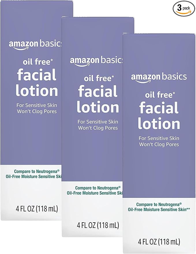 Amazon Basics Oil-free Facial Moisturizer for Sensitive Skin, Fragrance Free, 4 Fluid Ounce (Previously Solimo) (Pack of 3)
