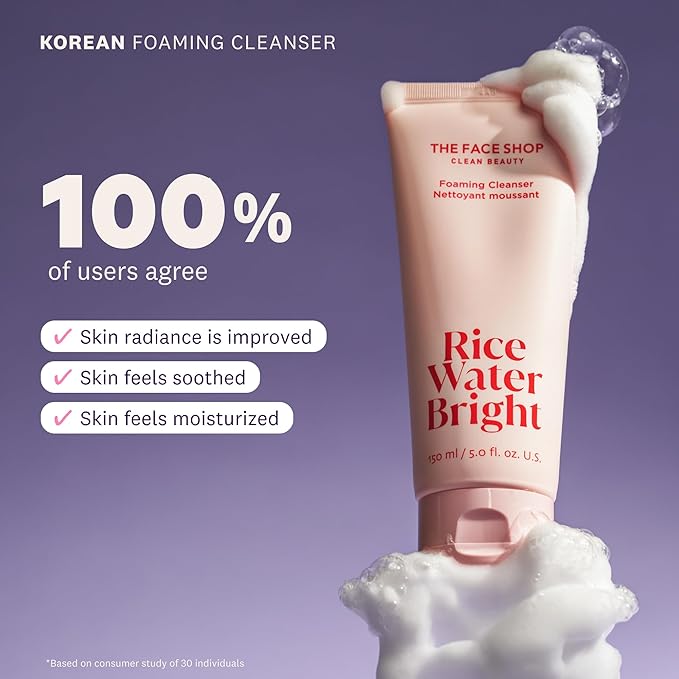 The Face Shop Rice Water Bright Foaming Cleanser, Hydrating Korean Face Wash with Ceramides, Deep Pore Cleansing, All Skin Types, Gentle Skincare, Vegan, 10.1 fl. oz. (Pack of 2)