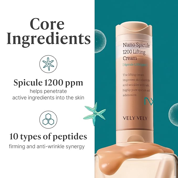 VELY VELY Nano Spicule 1200ppm Lifting Cream - Anti‑Aging Wrinkle Microneedling Face Moisturizer for Women, 10 Peptides, 50ml / 1.69 oz
