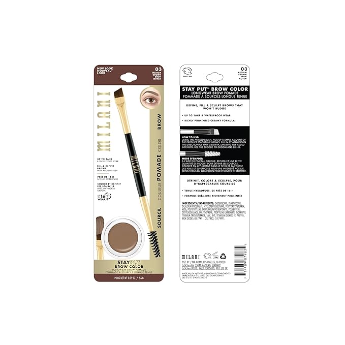 Milani Stay Put Brow Color - Medium Brown (0.09 Ounce) Vegan, Cruelty-Free Eyebrow Color that Fills and Shapes Brows