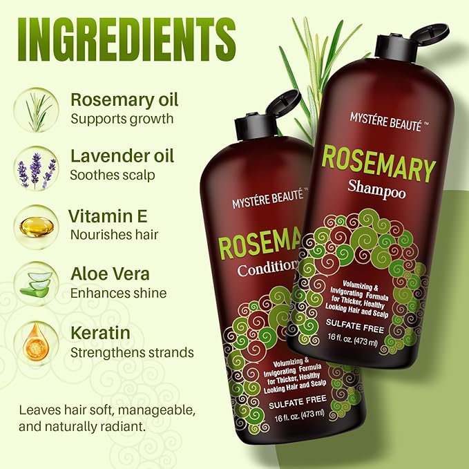 MYSTÉRE BEAUTÉ Rosemary Shampoo and Conditioner Set for Hair Growth - 16 oz Each - Sulfate Free with Biotin, Keratin & Argan Oil - Strengthens, Thickens & Reduces Thinning for Men and Women