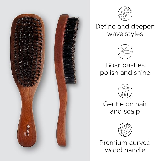 Diane Reinforced Boar Bristle Curved Wave Brush for Men and Barbers – Medium Bristles for Thick and Curly Hair – Use for Detangling, Smoothing, Wave Styles, Restore Shine and Texture