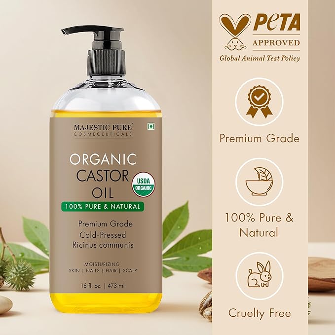 Majestic Pure Oil - 100% Pure and Natural- Cold Pressed & Hexane Free Natural Hair Growth Oil for Eyelashes, Eyebrows, Skin, Body, Face, Nails & Scalp - Organic Castor Oil 16 Fl Oz