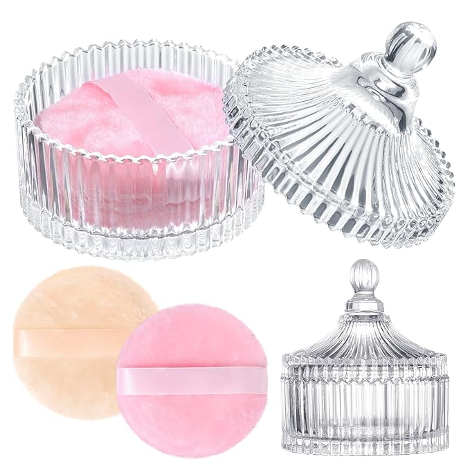 3 Pieces Large Body Powder Puff and Container, 3.54 Inch Women Powder Puff with Crystal Case for Dusting Powder, Pink and Beige