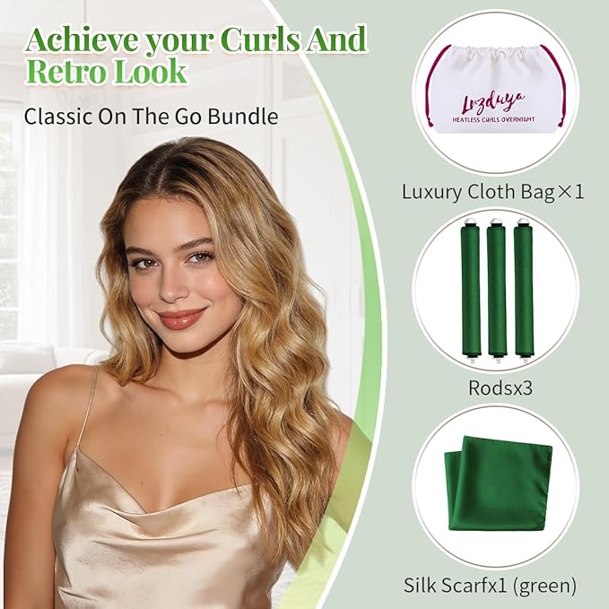 Heatless Curls Overnight Rods Heatless Hair Curler Hair Curlers To Sleep In Heatless Curls Blowout Rods Heatless Curling Rods With Luxury Cloth Bag Scarf For All Hair Types (Emerald Green, 3Rods)