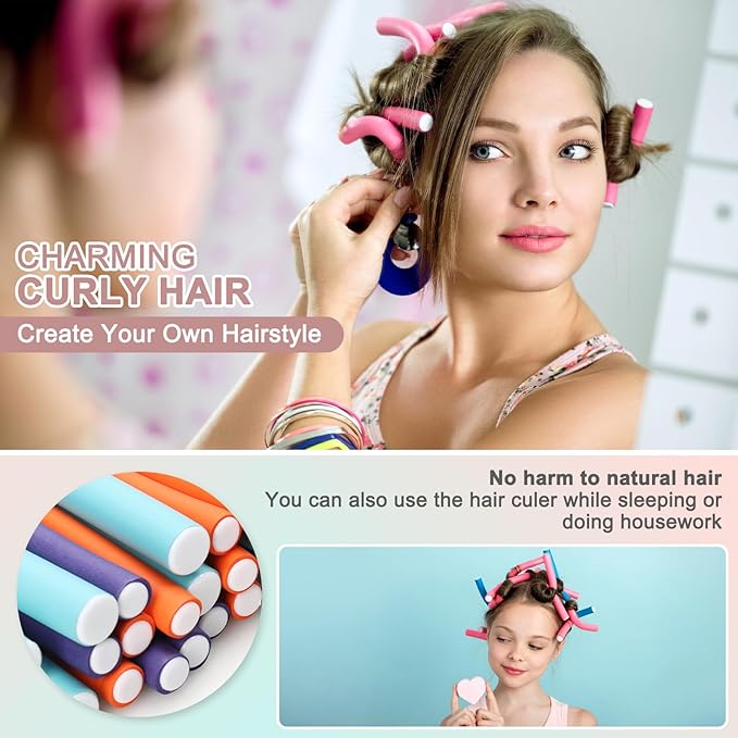 Heatless Hair Curler Set - 30 Flexible Overnight Blowout Rods, Soft Rollers for Long Hair (Small Size)