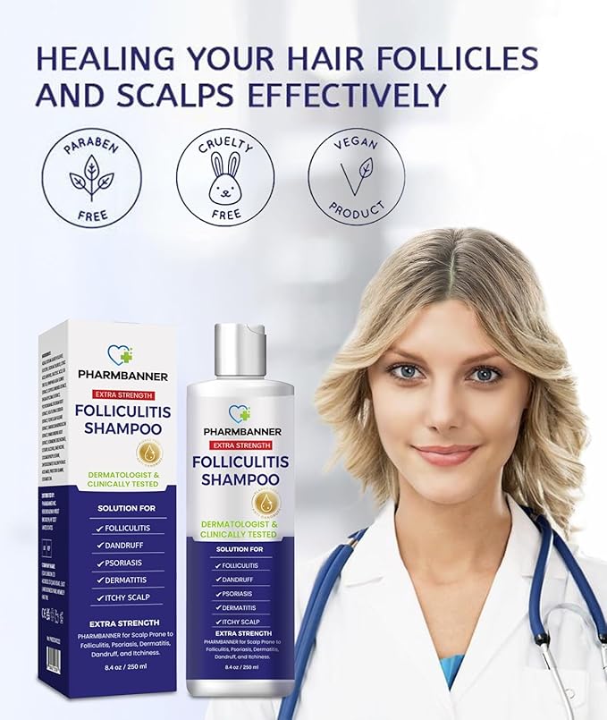 PHARMBANNER Anti-Fungal Shampoo for Folliculitis, Seborrheic Dermatitis, Scalp Psoriasis - Relieves Itchy & Dry Scalp