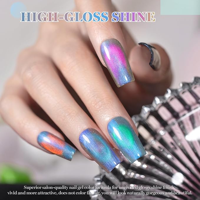 RARJSM Aurora Glass Ceramic Cat Eye Gel Nail Polish Set 6pcs Duo Color Universal Green Blue Purple Pink Orange Red Glitter Pearl Shell Mermaid Cateye Effect with Magnet Stick Curing Requires