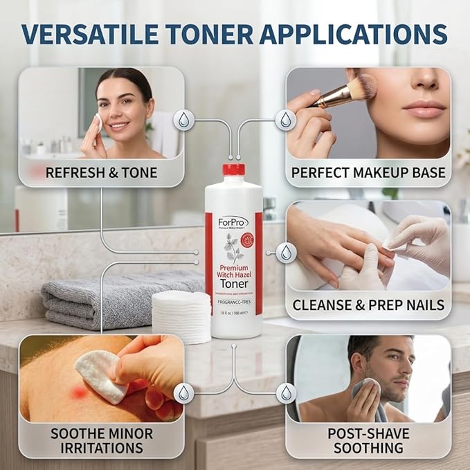 ForPro Witch Hazel Facial Toner with Aloe Vera & Glycerin, Alcohol-Free Face Toner for Sensitive Skin, Pore Minimizing, Hydrating & Fragrance-Free, Vegan, 32 Fl Oz