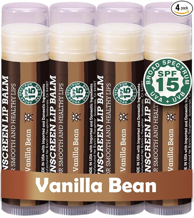 Earth's Daughter SPF Lip Balm 4-Pack - Lip Sunscreen, SPF 15, Organic Ingredients, Vanilla Flavor, Beeswax, Coconut Oil, Vitamin E - Hypoallergenic, Paraben Free, Gluten Free