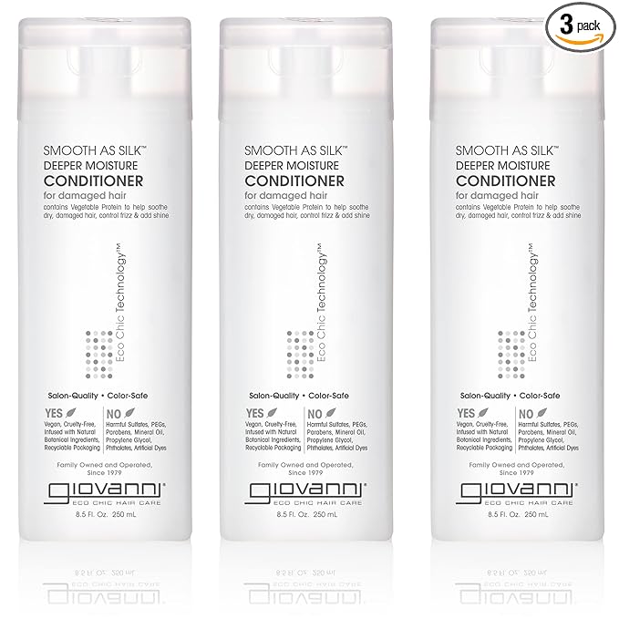 GIOVANNI Smooth As Silk Deeper Moisture Conditioner - Calms Frizz, Adds Moisture, Detangles, Wash & Go, Co Wash, Infused with Natural Botanical Ingredients, Color Safe, Sulfate Free - 8.5 oz (3 Pack)