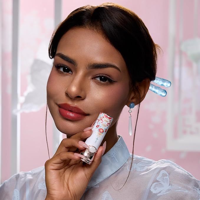 Flower Knows Little Angel Cream Blush and Butterfly Cloud Collar Glossy Lipstick Set,Buildable & Blendable Dewy Makeup,Soft Long-Lasting Cute Make Up(Blush 04 Rose Ashes + Lipstick C08 Sunset Clouds)