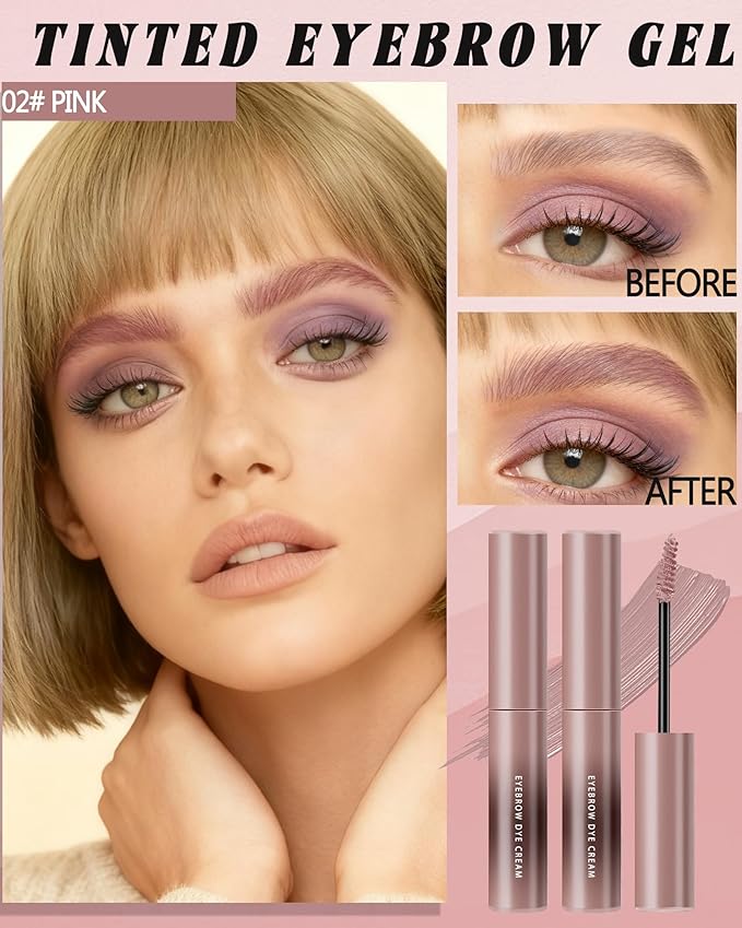 Pink Tinted Eyebrow Gel,2 Pcs Long Lasting Waterproof Eye Brow Tinting Kit,Smudgeproof Transfer-Proof Eyebrow Tint Glue,Ultra-Fine Brush Brow Filler Stain,Women's Mother's Day Makeup Gift for Women-02