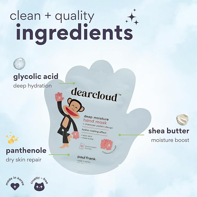 dearcloud x Paul Frank Deep Moisture Hand Mask – Aloe Vera & Shea Butter – Hand Mask for Dry Cracked Hands – Strawberry Peach (3 Pairs/ 6 Gloves)