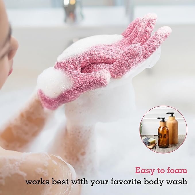 Evridwear Exfoliating Glove Shower Gloves Exfoliate Dead Skin for Dry Sensitive Skin No Irritation with Hanging Loop (Pink Moderate Exfoliation)