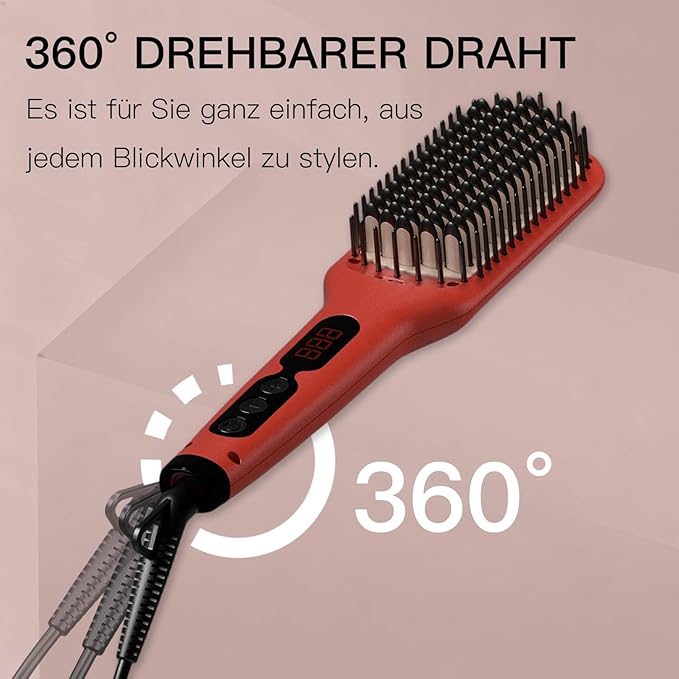 MEGAWISE Hair Straightener Brush Pro, Fast Heating Ceramic Ionic Brush for Smooth Frizz-Free Hair, Safe Anti-Scald Design, Dual Voltage Travel Use (Tomato Red)