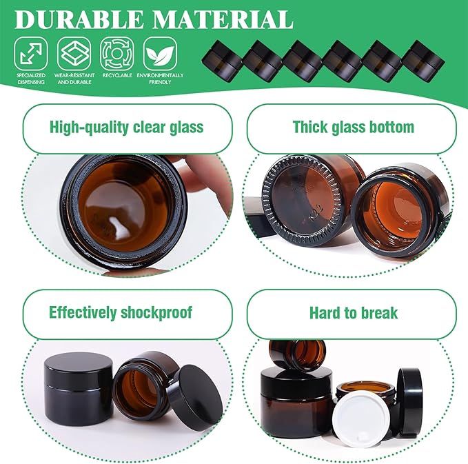 120Pcs 5g Amber Glass Jars Assortment Kit with Inner Liners and Black Lids, Spoons and blank labels for Storing Lip and Body Scrub, Lotion, Body Butter, Bath Salts