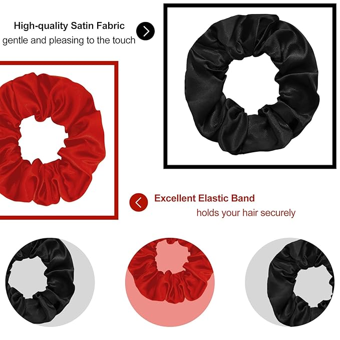 Silk Satin Scrunchies for Women Girls 12 PCS Black & Red Hair Scrunchies Silk Satin Hair Ties for Thick Hair Bulk Hair Ties Hair Accessories