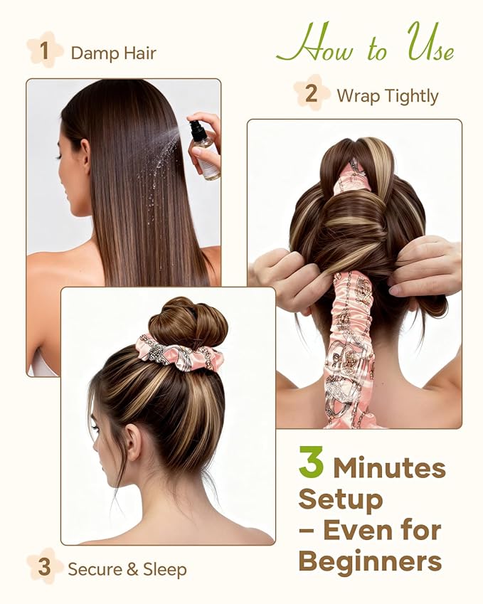 BONNET QUEEN Satin Heatless Hair Curler, Overnight Curls for Long Hair, Ultra Soft Daily Use of Hair Accessories & 2 Scrunchies, Damage-Free Styling, Soft Hair Curlers for Overnight, Pink Print