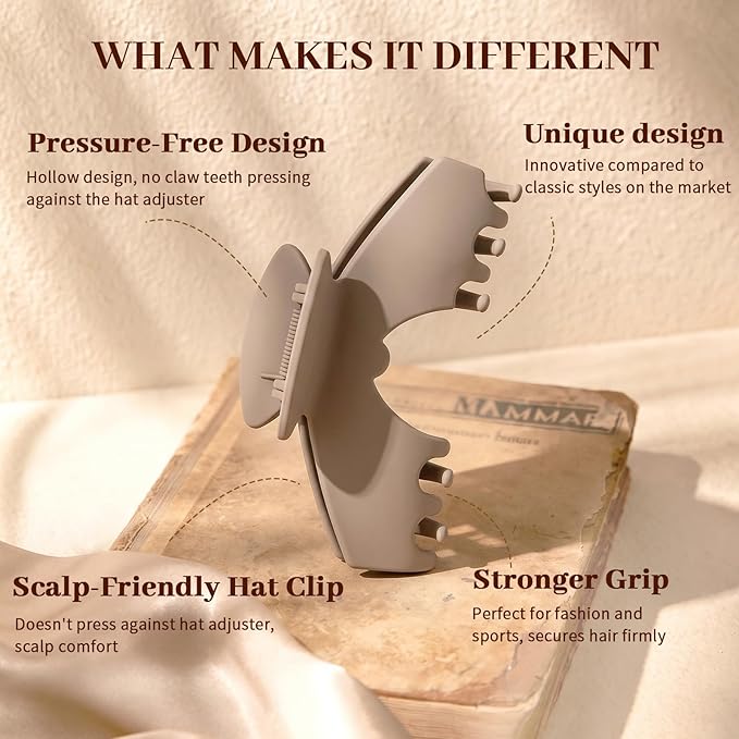 4 PCS Hat Claw Clip for Women - Hat-Friendly Claw Clip for Baseball Caps, Adjustable Trucker Hat Hair Clips for Thick Thin Hair, Large Hat Claw Clips for Gym Beach Holiday Outing, Brown
