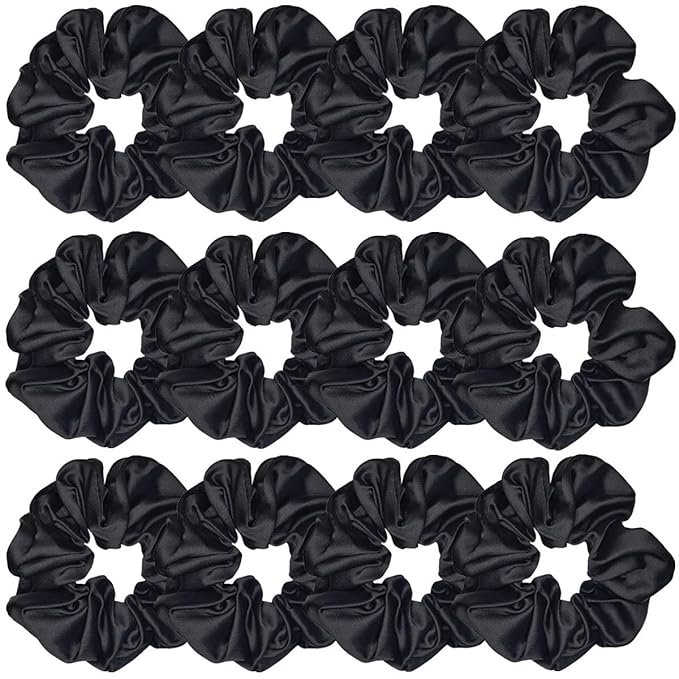 12 Pcs Satin Silk Scrunchies Soft Hair Ties Fashion Bands Bows Ropes Elastic Ponytail Holders Accessories for Women and Girls (4.3 Inch, Black)