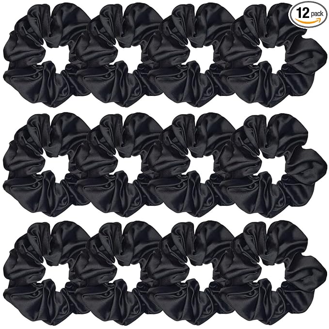 12 Pcs Satin Silk Scrunchies Soft Hair Ties Fashion Bands Bows Ropes Elastic Ponytail Holders Accessories for Women and Girls (4.3 Inch, Black)