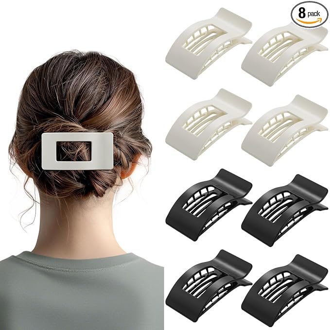 8 Pack French Flat Hair Clips for Women – Large Matte No-Slip Claw Barrettes for Thick & Thin Hair, Strong Hold Styling Accessories (Glossy Black and White)