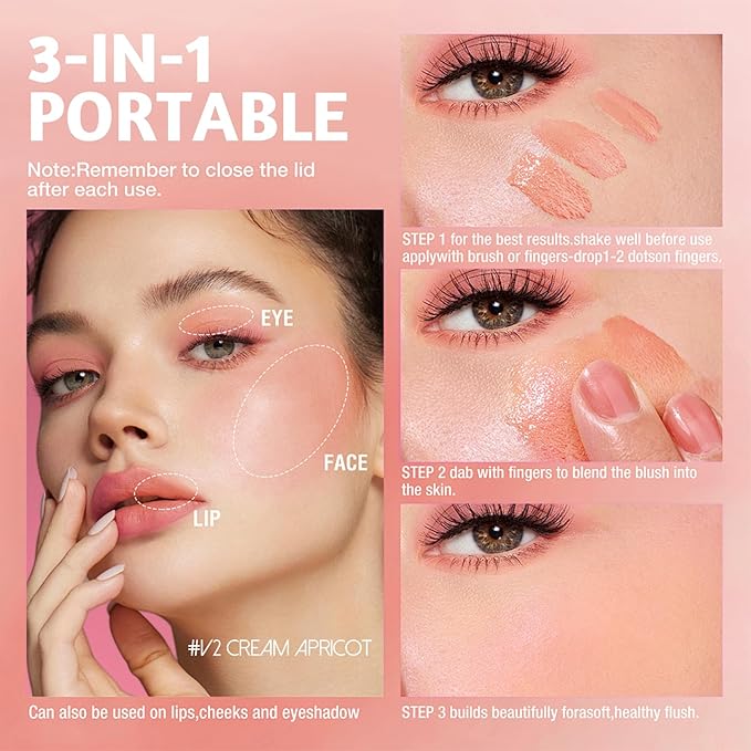 Blush Liquid Makeup Cream Stick, Blendable Cheek Weightless Watercolor Sheer Finish, Soft Peach Face Tint for Mature Skin, Easy Application Beauty Essential (V2 Cream Apricot)