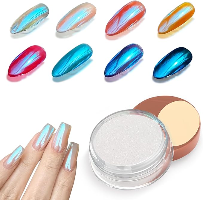 Allstarry Unicorn Chrome Nail Powder, Aurora Mermaid Iridescent White Pearl Nail Chrome Powder Pigment Glitter Fairy Dust for Nail Art, Manicure, Gel Nail Polish - Blue Aurora