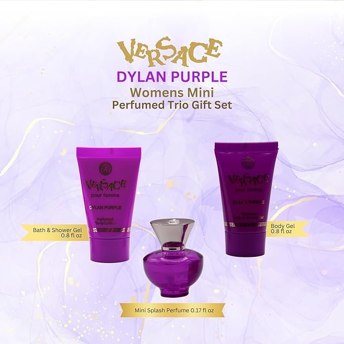 Versace Dylan Purple for Women 3 Piece Set Includes: 0.17 oz Eau de Parfum + 0.8 oz Perfumed Bath Shower Gel + 0.8 oz Perfumed Body Lotion