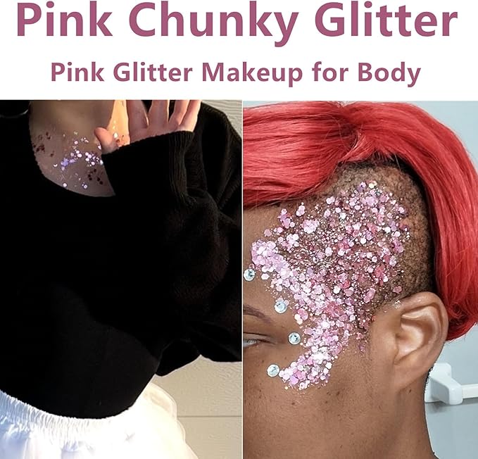 Go Ho Pink Face Body Glitter Gel,Pink Face Paint Makeup Holographic Chunky Sequins Glitters for Hair,Nails,and Lip,Long-Lasting Hair Glitter with Sequins,52g