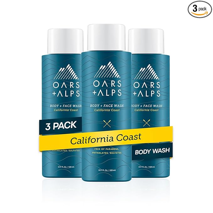 Oars + Alps Body Wash for Men, Mens Body Wash & Face Cleanser with Vitamin E & Antioxidants, Moisturizing, Paraben & Sulfate Free Cleanser, California Coast, 3pk