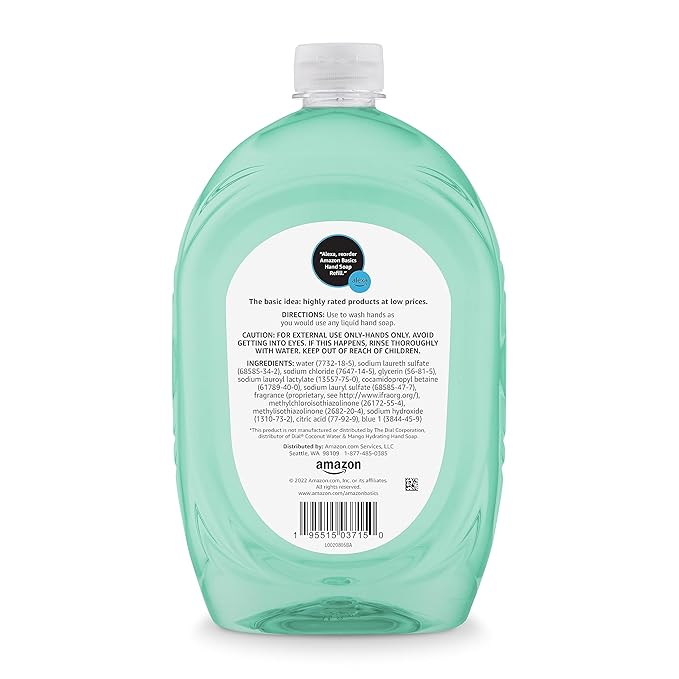 Amazon Basics Liquid Hand Soap Refill, Mango and Coconut Water Scent, Triclosan-Free, Dermatologist Tested, pH Balanced, Paraben-Free, 50 Fl Oz (Pack of 1) (Previously Solimo)