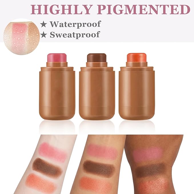 3Pcs Cream Contour Stick Makeup Kit with Makeup Brush,Shades with Highlighter,Brush Stick,Cream Bronzer for Sculpt the Cheeks,Long-lasting Waterproof Lightweight Contour Set C