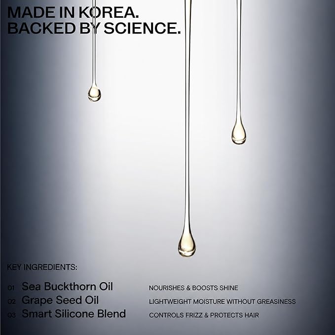 Korean Hair Oil for Dry Damaged Frizzy Hair - Anti Frizz Heat Protectant, Gloss Serum - Treatment for Split Ends Repairs, Sea Buckthorn & Grapeseed Oil, Wavy, Curly, Frizz Control, Color Safe