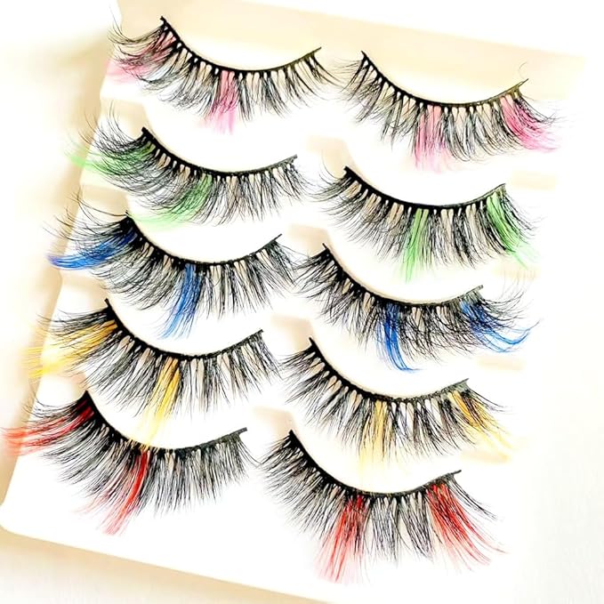Sunniess Ombre Colored Lashes Silk Protein Fluffy Wispy Volume Fake Lashes for Halloweens Cosplay Party Stage Russian D Curl Lashes with Color Make up Faux Mink False Eyelashes