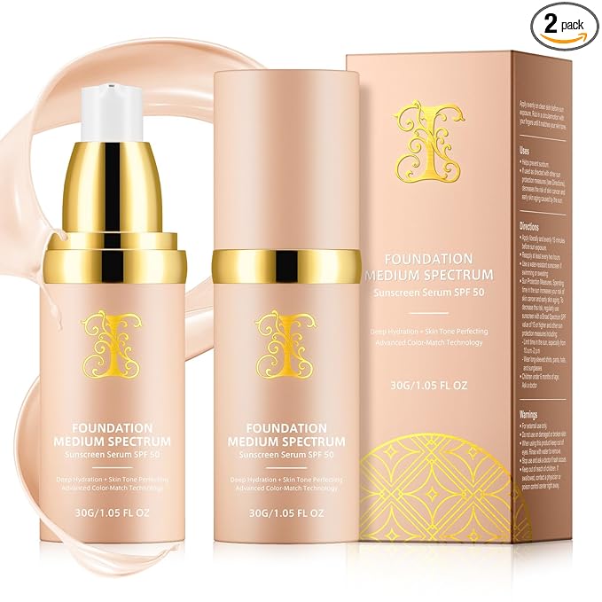 2PCS Foundation 4 in 1, Medium Spectrum with SPF 50+, Longwearing & Waterproof, Hydrating Color Changing Foundation, Non-Greasy,Long Lasting, Great for all skin types, 30ml