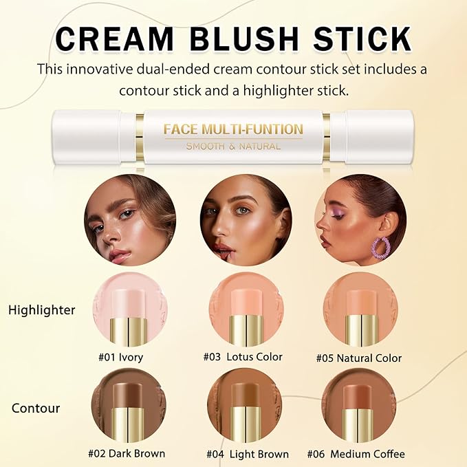 IONSGAKO 6 Colors Cream Contour Stick Makeup Kit, Double-ended Cream Highlighter Stick Bronzer and Blush Stick for Sculpt the Cheeks, Matte & Dewy Finish, Face Contour Kit for Beginners, Set C