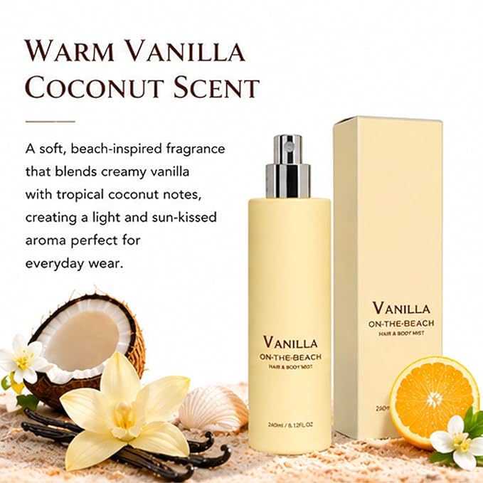 Vanilla on the Beach Hair and Body Mist, Warm Vanilla Coconut Fragrance Spray, Natural Vanillas & Beachscent, Long-Lasting Fresh Fragran (1Pcs)