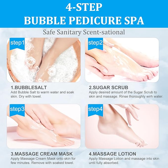 Pedicure Kit Foot Soak Set: Bubble Salt, Sugar Scrub, Massage Mask, Massage Lotion in a Box, 4 Step Foot Spa Kit for Dry Feet, Softens Calluses(1 Set Pacific Waves)