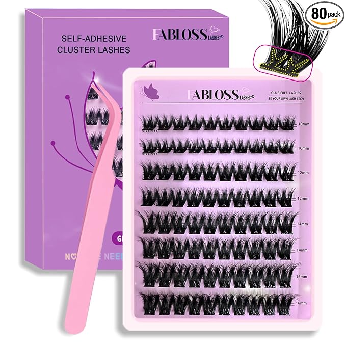 Self Adhesive Eyelashes 80Pcs Self Adhesive Lash Clusters Press On Lashes No Glue Needed Pre-Glued Glueless Lashes Clusters No Remover No Residue with Tweezers（Thick-Volume）