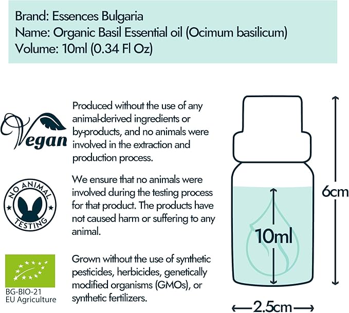 Essences Bulgaria Organic Basil Essential Oil 1/3 Fl Oz | 10ml | Ocimum basilicum | 100% Pure and Natural | Undiluted | Therapeutic Grade | Family Owned Farm | Steam-Distilled | Non-GMO | Vegan