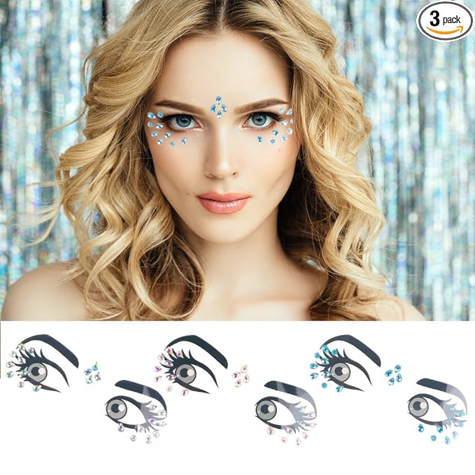 Tear Face Gems Glitter Tattoo for Eye Corner and Forehead Bindi Rhinestone Face Jewelry Rave Party Decorations For Women Kids, 3-Pack
