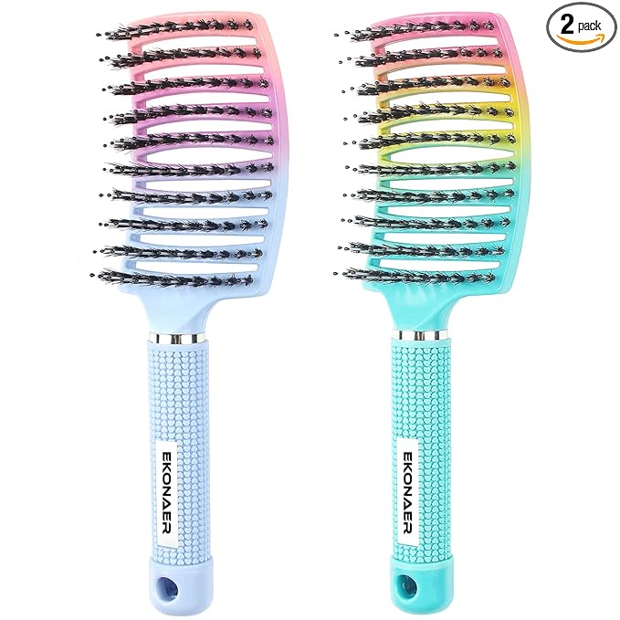 2 Pack Detangling Brush Getting Knots Out without Pain Adds Shine and Makes Hair Smooth,Detangler Boar Bristle Hair Brush for Adult & Kids Wet or Dry Hair(Green&Blue)